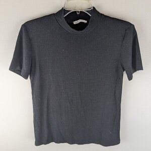 NWOT Zara Black Ribbed‎ Mock Neck Short Sleeve Top Fitted Basic Casual